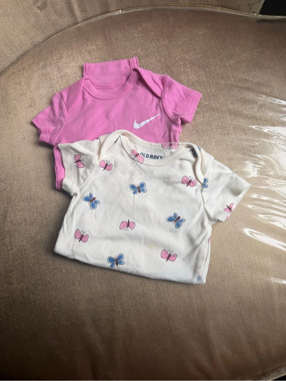 Old Navy Cream Butterfly Short Sleeve Tee with Pink Nike Bodysuit